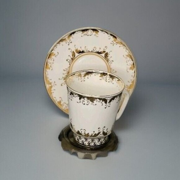 VTG Lomonosov White Heavily Gold Gilded porcelain coffee/tea Cup Saucer Set - Picture 2 of 9